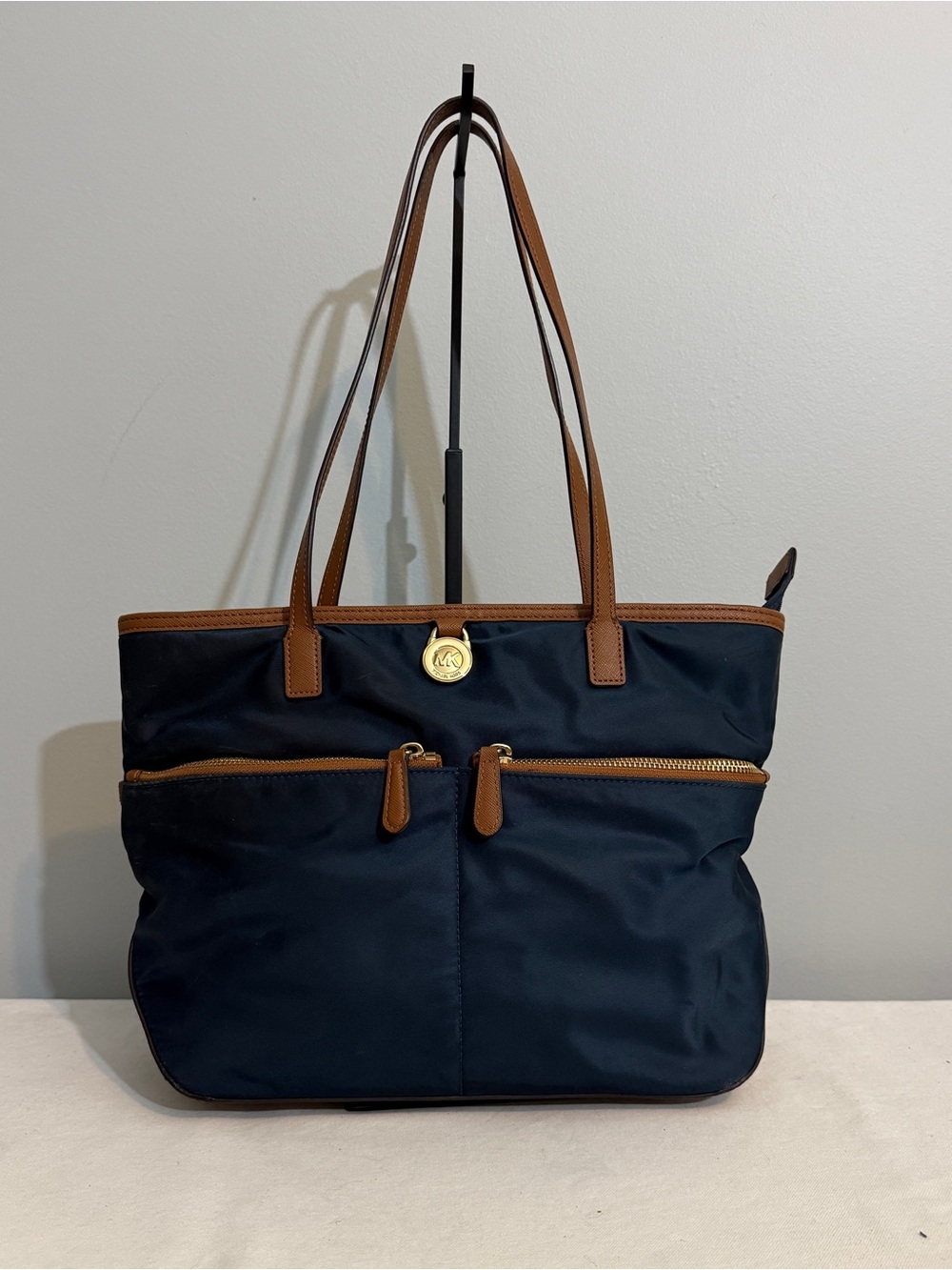 Michael Kors Kenton Medium Tote Navy Nylon Brown Leather 30556KPTIC